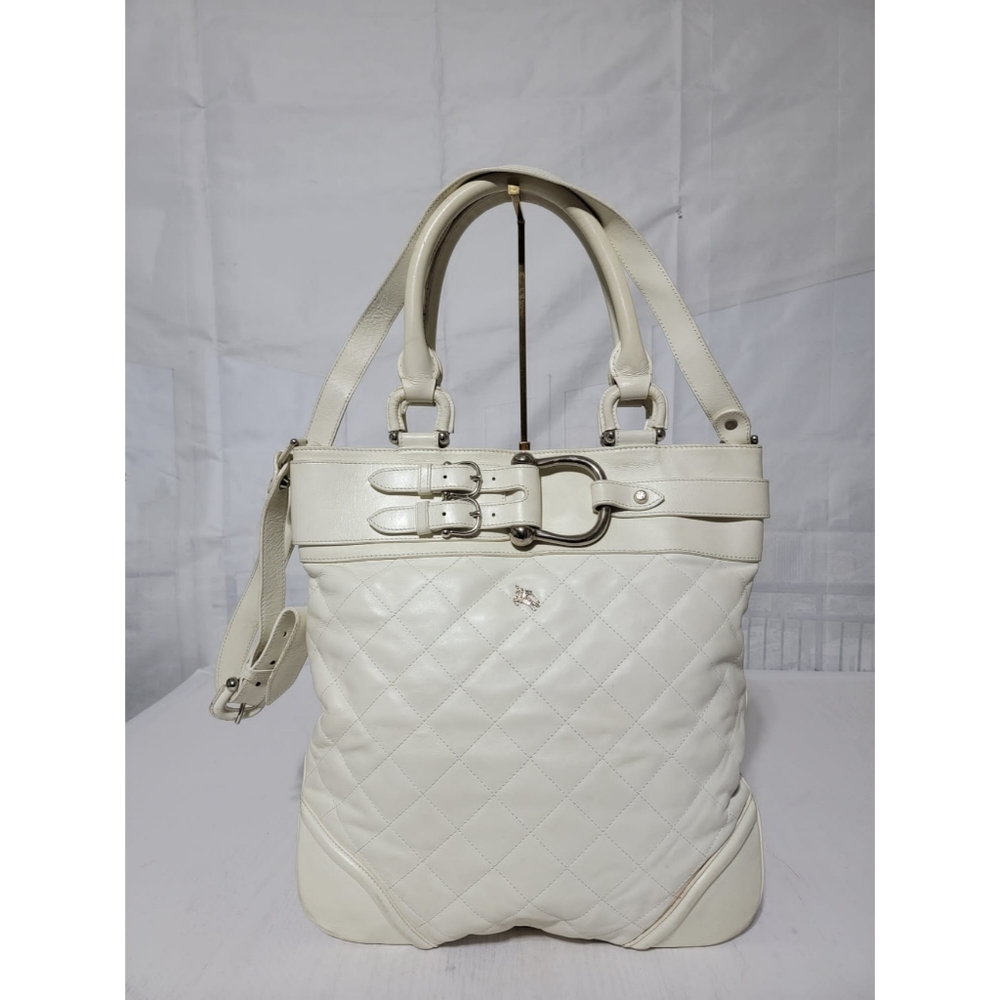 Authentic Burberry Hillgate Quilted Leather Tote White